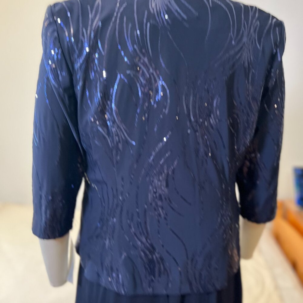 NWT ALEX EVENINGS Navy Blue Sequined A-ine Midi Petite Dress & Jacket - Size 12P - Picture 10 of 14